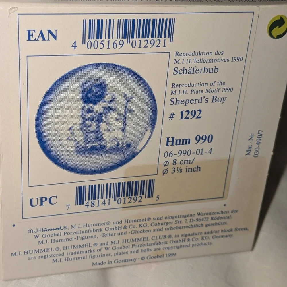Goebel Hummel Shepherds Boy Miniature Plate Hum 990 20th Edition 3.125in Germany